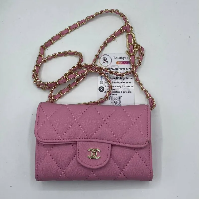 Porte-monnaie Channel matelassé avec chaîne rose bébé — Boutique BS